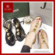 Dép sandal nữ xỏ ngón kẹp đính hạt chân đế bằng êm 2 màu đen be đi biển chơi đi làm mùa hè đi mưa mẫu mới hot nhẹ nhàng
