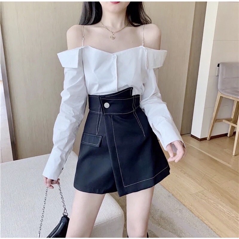 Quần giả váy Cạp Chéo Viền Chỉ Nổi (HÀNG QUẢNG CHÂU) thiết kế cạp cao, Có quần trong