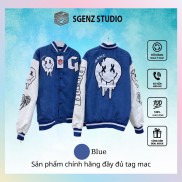 Áo khoác bomber, varsity jacket GONZ Blue nhung tăm Full Face form rộng nam nữ