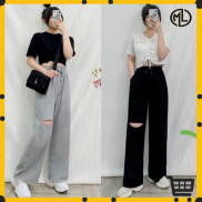 Quần thun ống rộng nữ dáng suông rách gối MAYLANSTORE - phong cách hàn quốc
