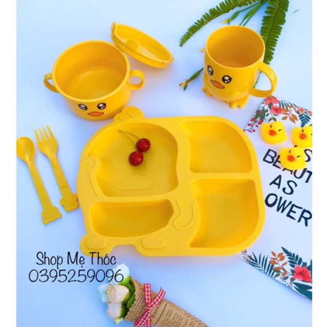 Khay ăn dặm, khay ăn kèm thìa, dĩa hình vịt cho bé