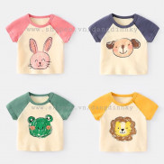 ÁO CỘC TAY PHỐI MÀU HÌNH THÚ NGỘ NGHĨNH CHO BÉ TRAI BÉ GÁI 8-18Kg