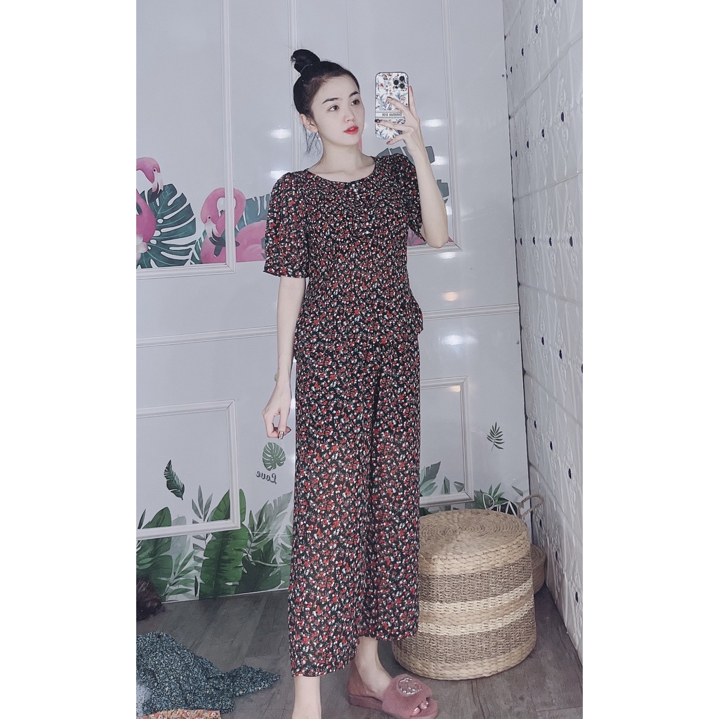Set đồ bộ áo hoa quần ống rộng vải lụa