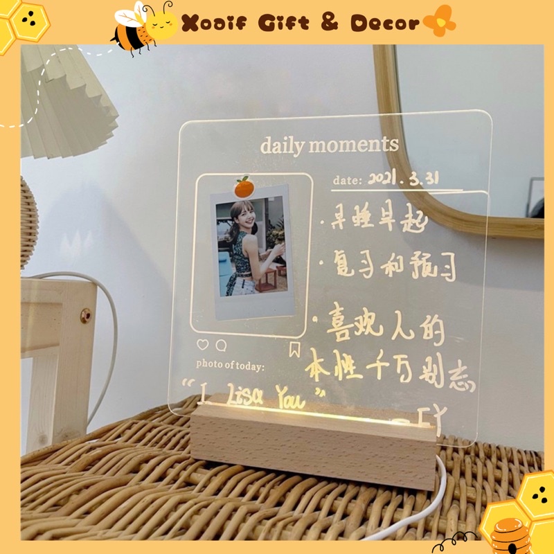 Bảng ghi chú đế gỗ trong suốt có đèn phát sáng hot tiktok tặng kèm bút mực trắng