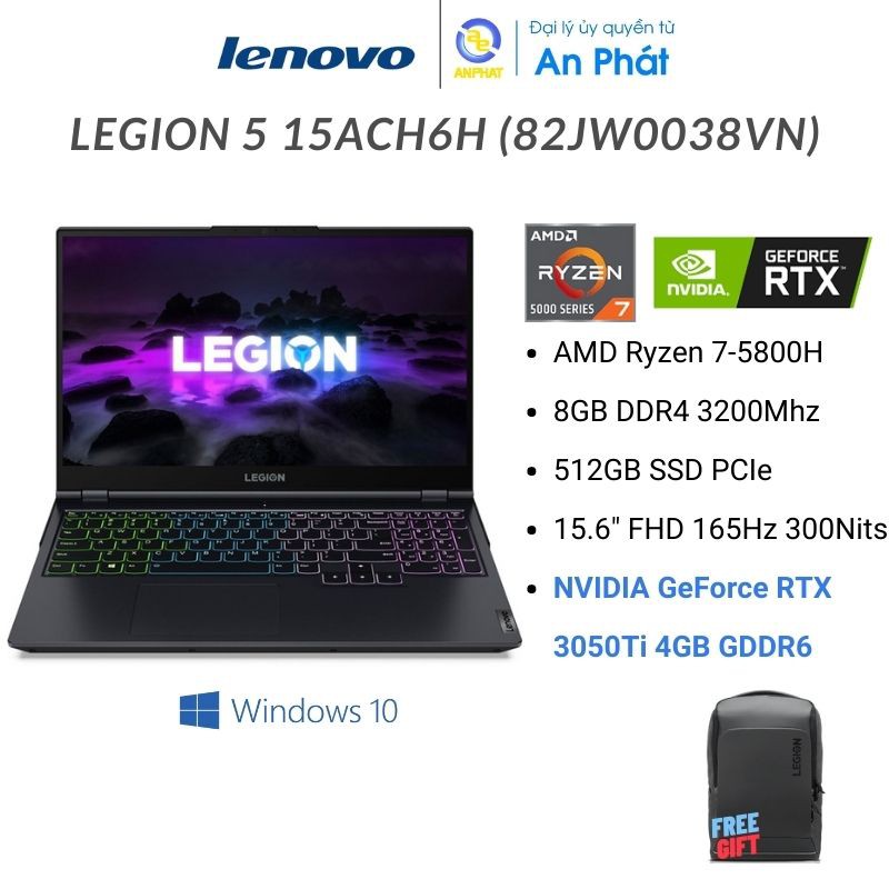 Laptop Lenovo Legion 5 15ACH6H 82JW0038VN (Ryzen 7-5800H | 8GB | 512GB | RTX 3050 4GB | 15.6 inch FHD | Win 10 | Xanh)