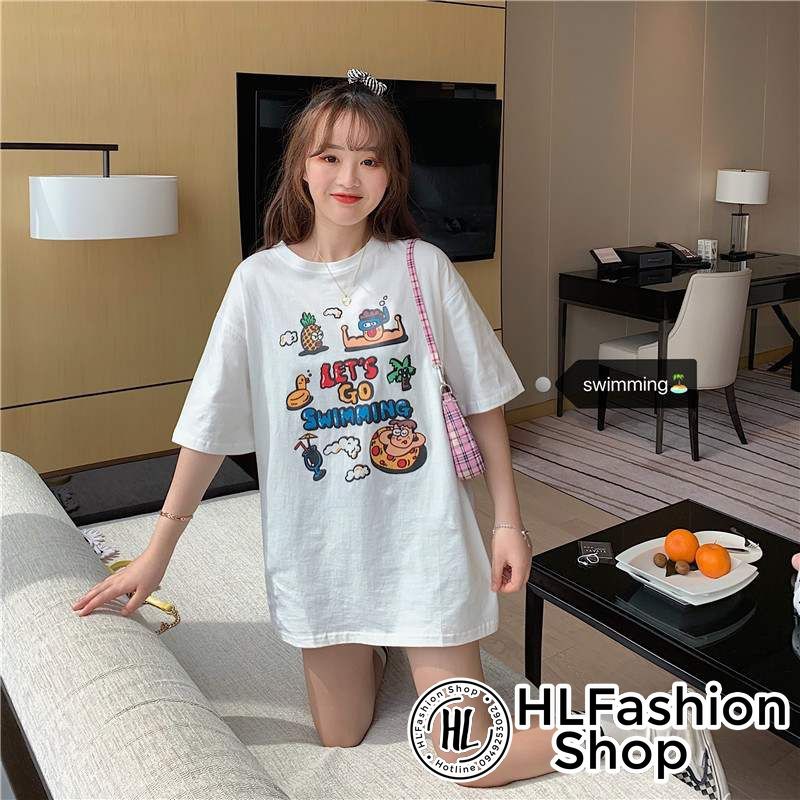 Áo thun tay lỡ form rộng Lets go swiming, áo phông form rộng size HLFashion