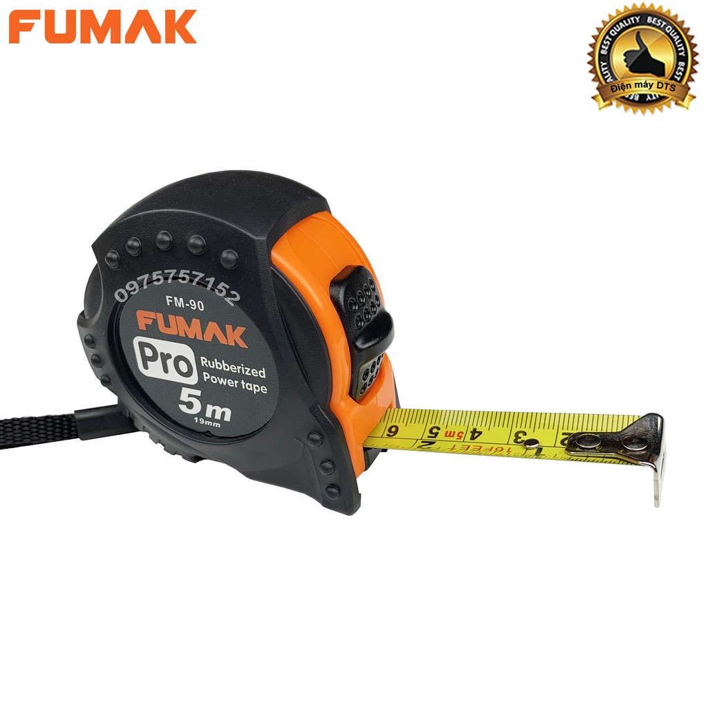 Thước rút cuộn đa năng 5m FUMAK Pro chống va đập bọc nhựa cao cấp, 2 chế độ dừng, thước cuộn nền vàng hệ mét số sắc nét