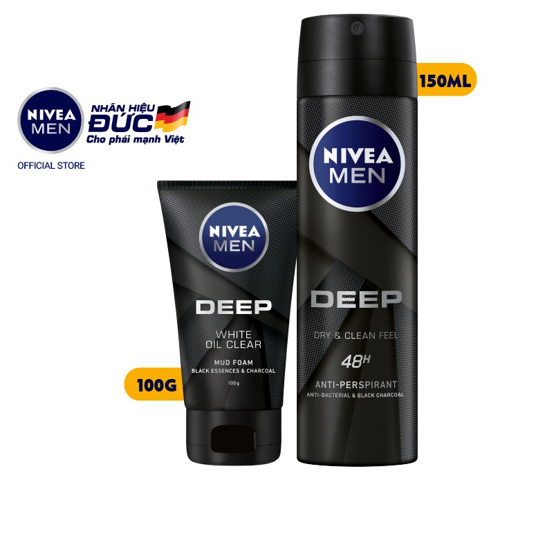 Bộ đôi NIVEA MEN Xịt ngăn mùi Deep than đen hoạt tính (150ml) - 80027 và Sữa rửa mặt Deep than đen hoạt tính (100g)