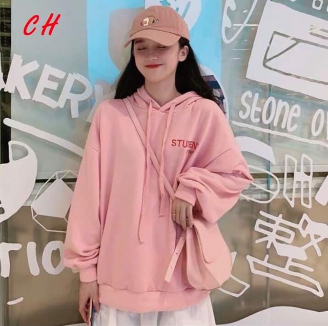 Áo hoodie hồng STUDENT chữ ngực COH0919