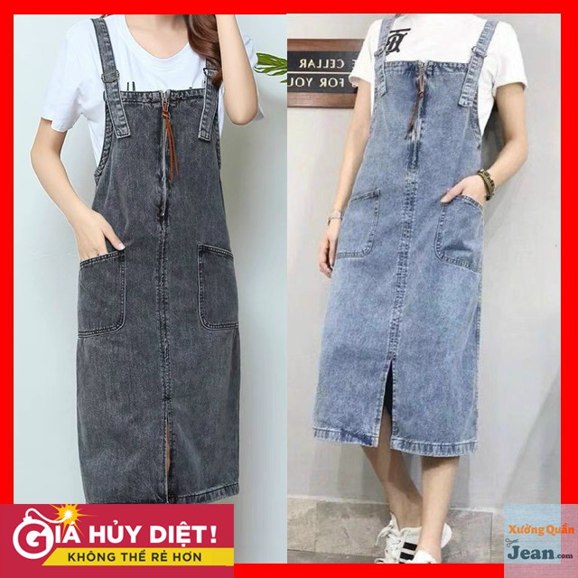 Yếm Váy Jeans Nữ Chất Bò Phối 2 Túi Trước Kèm Dây Kéo Mang Phong Cách Hàn Quốc 2021 - 516