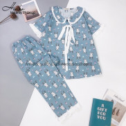 Bộ Ngủ Pijama Phối Nơ Bèo Tay Ngắn Quần Dài Họa Tiết Dễ Thương Thiết Kế Cao Cấp Phong Cách Tiểu Thư