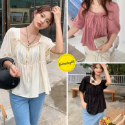 Áo Sơ Mi Nữ Cổ Vuông Bèo Tay Lỡ Dáng Baby Doll Dễ Thương Phong Cách Hàn Quốc