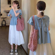 Set Áo Thắt Nơ Sau Thô Mềm Mix Chân Váy Tầng Ulzzang Đũi Lạnh Phong Cách Hàn Quốc