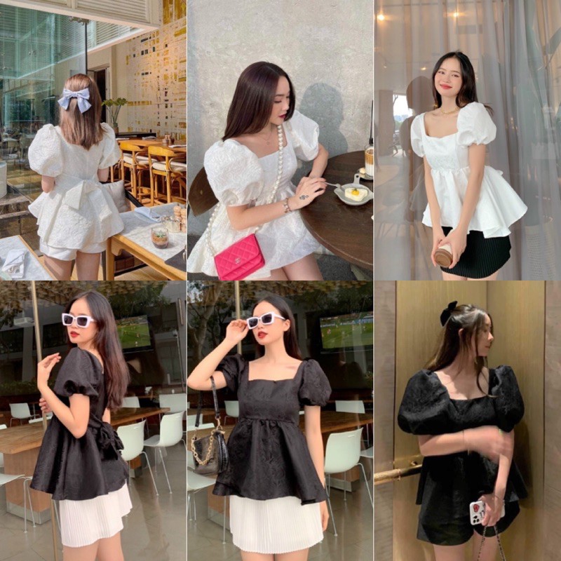 Áo Kiểu KRISTY DOLL TOP thiết kế tay bồng kèm thắt nơ lưng chất vải gấm dày dặn