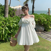 sẵn JANE'S Đầm ngắn đi biển trễ vai xoè xếp li phối bèo sang trọng ( kèm ảnh khách) J0145