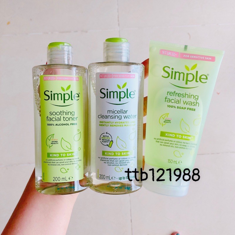 (Combo 3 món Simple ) Sữa rửa mặt gel + Nước hoa hồng + Nước tẩy trang