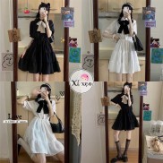 Váy đầm babydoll cổ nơ đen trắng, đầm dáng xoè tay phồng siêu xinh xixeoshop - V18