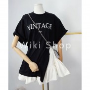 [C188] Set áo thun VINTAGE xẻ tà đen mix chân váy trắng dáng ngắn  - Set bộ váy đầm nữ freesize chất thun co giãn