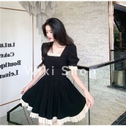 Váy đen cổ vuông phối ren dáng xòe tiểu thư - Váy đầm nữ tiểu thư tay bồng dáng xòe chất umi cao cấp