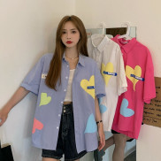 Áo Sơ Mi Nữ Tay Ngắn Dáng Rộng In Hình Trái Tim Phong Cách Retro