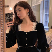 Đầm Midi Nhung Tay Dài Phối Ren Thời Trang Thu Đông Cho Nữ