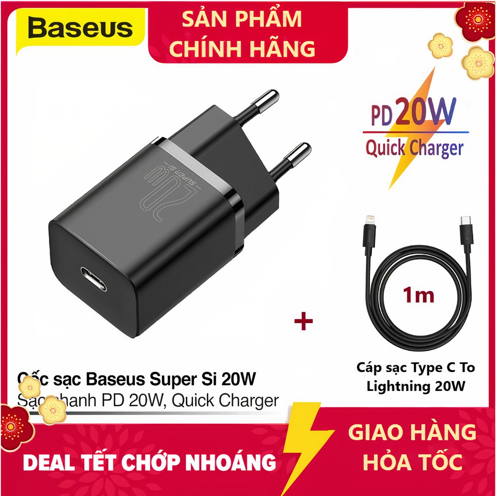 COMBO - Cốc Sạc Nhanh Baseus 20W  Super Si / 18W Speed Mini USB C Hỗ Trợ QC3.0 PD Cho iPhone 12 / dây sạc 20W