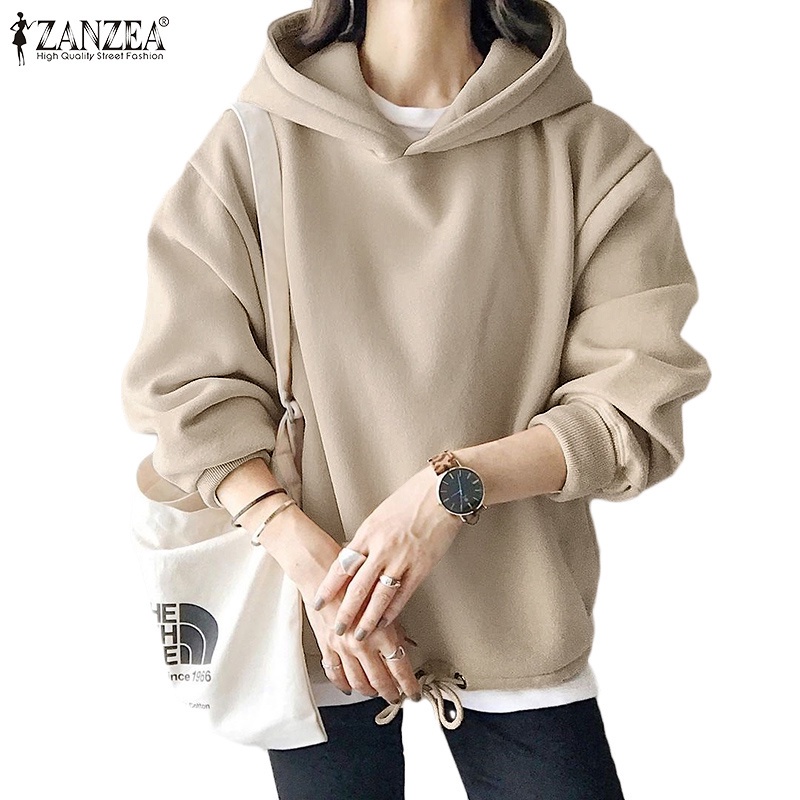Áo hoodie Zanzea màu trơn cổ chữ O dây rút giữ ấm thời trang đường phố cho nữ