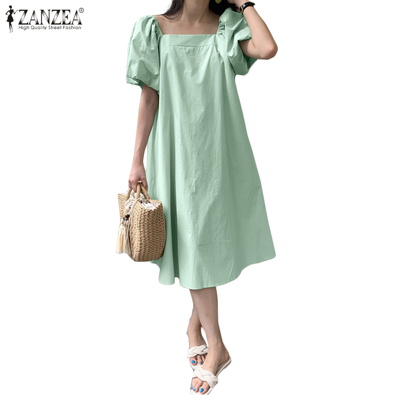ZANZEA Women Short Puff Sleeve Square Neck Solid Pleated Loose Midi Dress