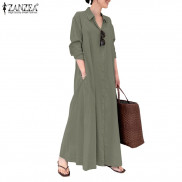 ZANZEA Đầm Maxi Tay Dài Xẻ Tà Màu Trơn Thời Trang Cho Nữ