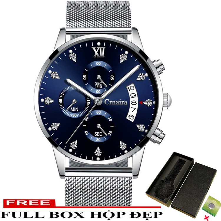 Đồng Hồ Nam Crnaira Japan C1122 Mặt Đính Đá Chạy 6 kim Dây Thép Mành Cao Cấp Kim Dạ Quang_