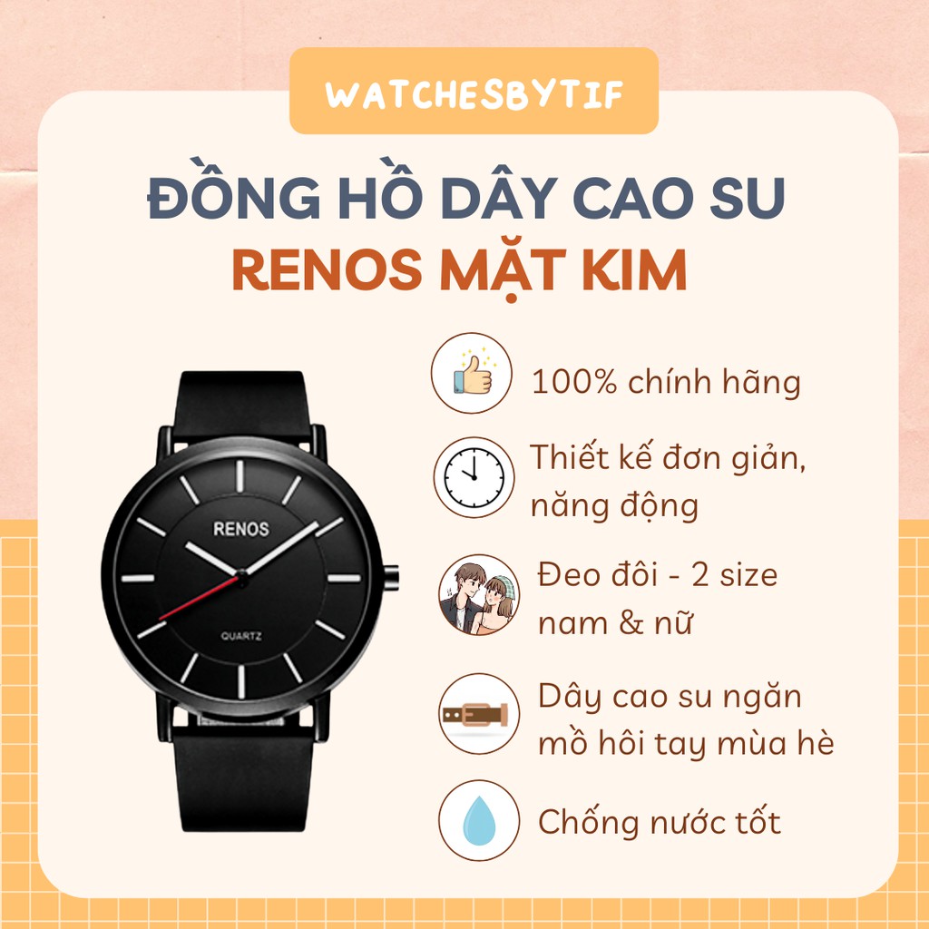 Đồng hồ cao su RENOS mặt kim full black 2 size nam nữ (size 26mm/38mm) gói hộp quà miễn phí, chống nước tốt