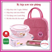 Combo Hộp cơm thủy tinh 3 ngăn 1000ml / Hộp thủy tinh tròn 400ml / Túi đựng cơm Lunch Bag / Bộ đũa thìa dĩa lúa mạch