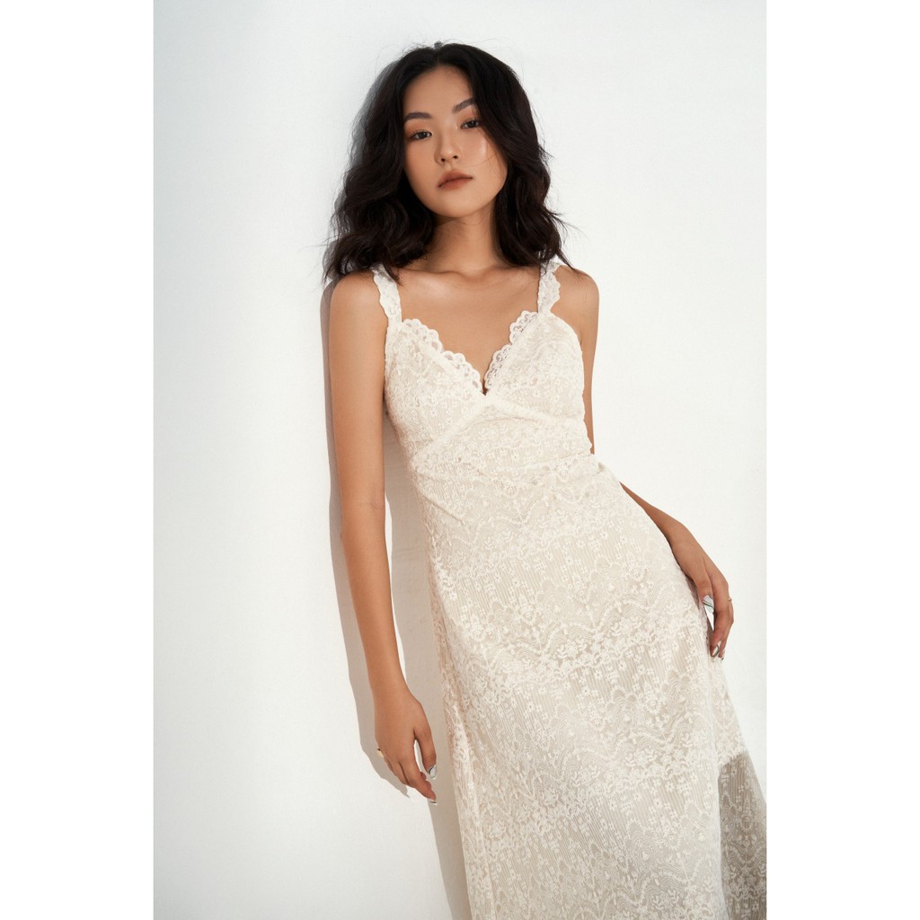 Váy midi 2 dây cổ V phối ren (Be)_MONOTALK O10021TK