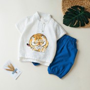 Bộ đồ chất liệu đũi áo polo cộc tay quần bo gấu họa tiết hổ nựng đáng yêu cho bé - MAGICKIDS