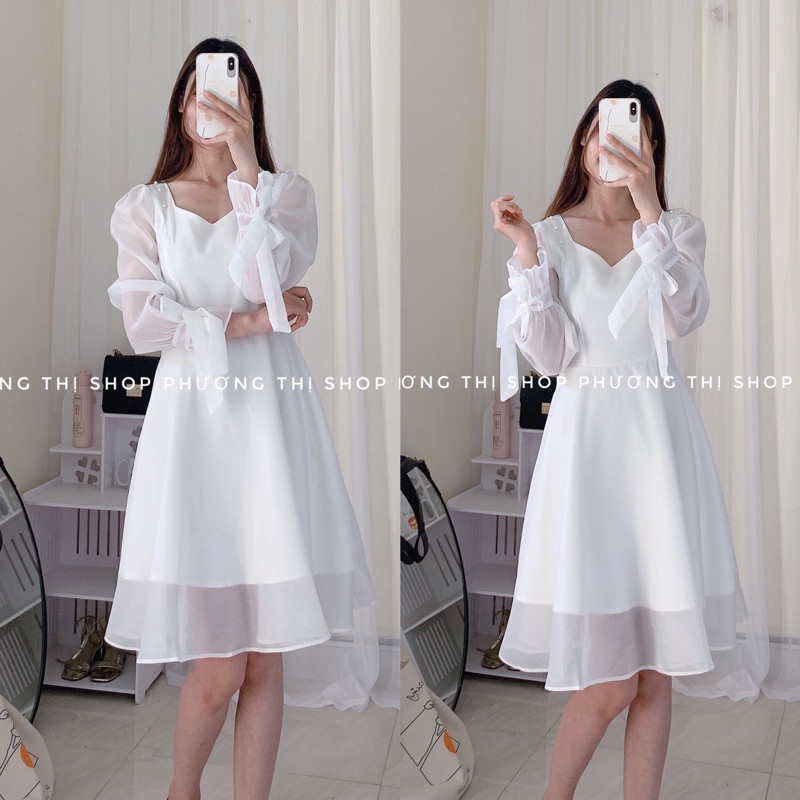 Váy trắng công chúa dài tay thắt nơ siêu xinh (hình shop tự chụp không copyy)