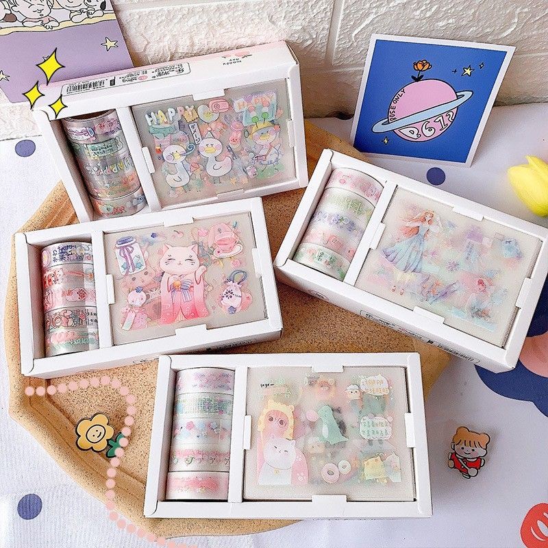 Hộp 5 cuộn washi và sticker dán trang trí