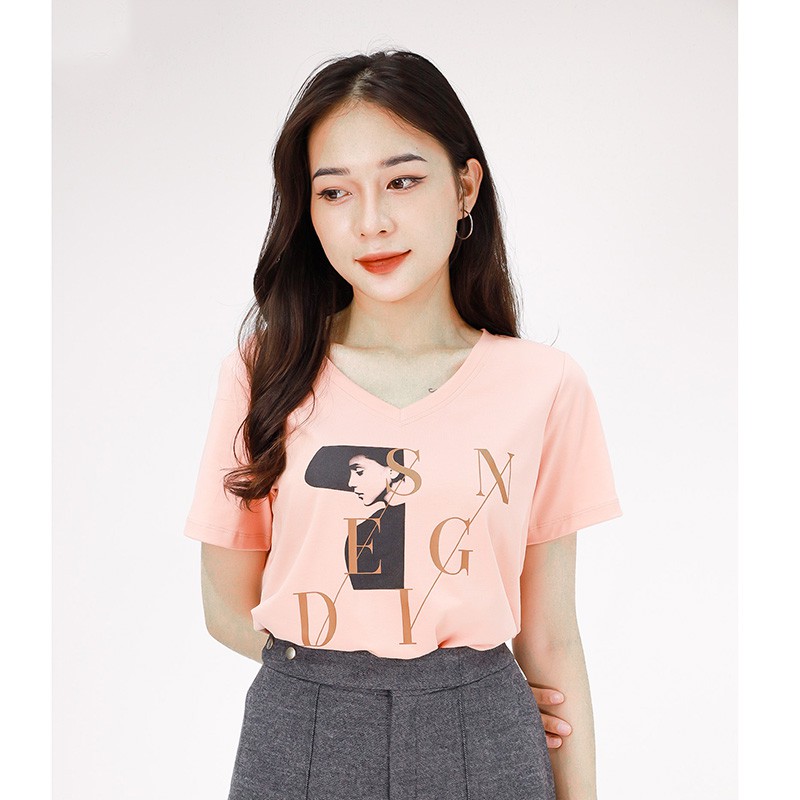 Áo thun nữ cổ tròn, in chữ họa tiết  