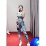 Đồ tập gym , bộ đồ tập thể thao nữ Bombang xanh hoạ tiết độc đáo